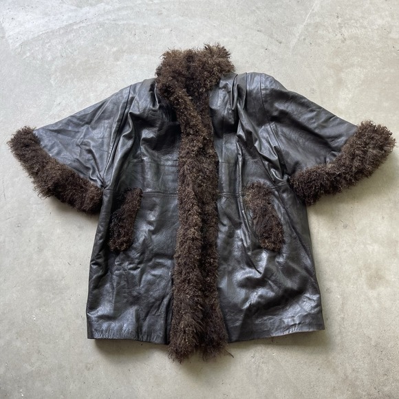 Jackets & Blazers - Vintage Tibetan Lamb Fur Trim Leather Coat Oversized Black Leather Size Large